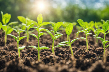 Young plants increase in the sunny background sustainable agriculture