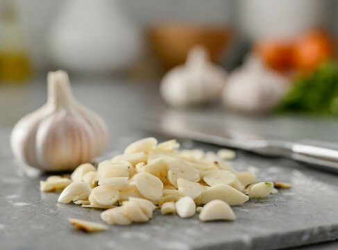 Chopping garlic on kitchen counter closeup photography. Cooking sauce at home.