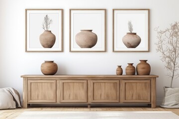 Fototapeta na wymiar Living Room With Three Vases and a Rug. Scandinavian home interior design of modern living home.