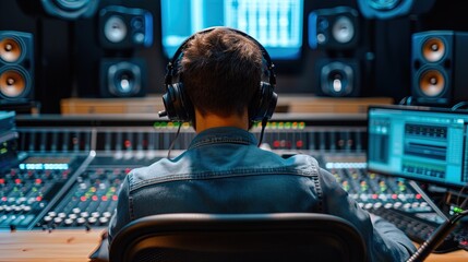 Sound engineer working in recording studio, rear view of a young man wearing headphones. AI generative
