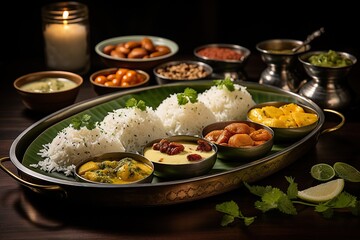 Indian cuisine arranged neatly on a banana leaf with vibrant garnishes
