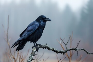 Mysterious raven perched on a barren tree branch