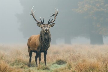 Naklejka na ściany i meble Majestic stag standing in a misty morning meadow