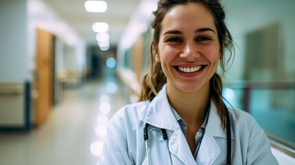 Fototapeta premium Smiling female doctor with a stethoscope in an empty medical corridor of a hospital