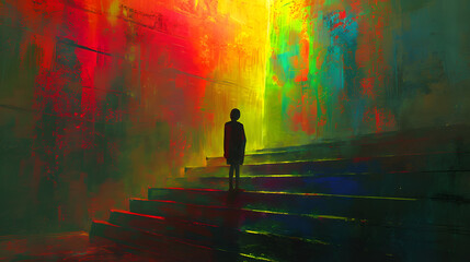 A vibrant and luminous painting captures the essence of a person standing on stairs, radiating with artistic brilliance and a kaleidoscope of colors