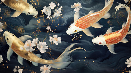 Asian background , Oriental Japanese style abstract pattern background design with koi fish decorate in water color texture, gold and navy blue colours. Chinese new year 2024 concept	 - obrazy, fototapety, plakaty