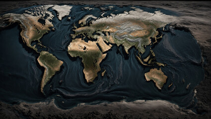 A dark and ominous map of the world, the surface of which is covered with a thick layer of oil and carbon. generative AI