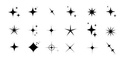 Minimalist silhouette Star icons, star shape vector set. Abstract y2k sparkles. Twinkling stars, abstract sparkle black silhouettes symbol shining burst. Vector