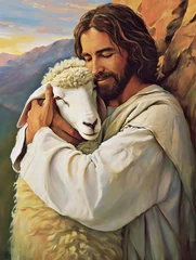 Deurstickers Oil painting of Jesus recovered the lost sheep carrying it in arms. © May Thawtar