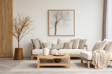 Fototapeta na wymiar Living Room With Furniture and Wall Painting. Scandinavian home interior design of modern living home.