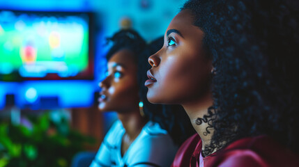 African Women Soccer Fans in Intense Anticipation, Watching European Tournament Match on TV - Close-up of Young Enthusiasts' Hopeful Faces - obrazy, fototapety, plakaty