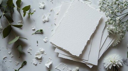 blank paper cards laying on a table with flowers, soft tonal range, crisp and clean look, romantic emotivity