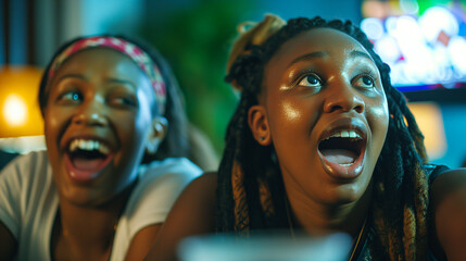 Excited Young African Women Soccer Fans Watching European Tournament Match on TV, Expressing Joyful Emotion and Support