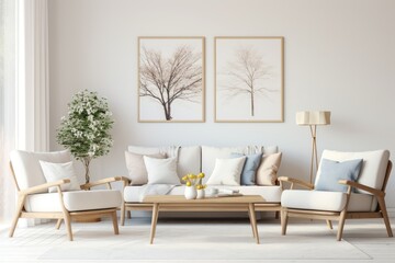 Obraz premium White Furniture Living Room With Wall Paintings. Scandinavian home interior design of modern living home.