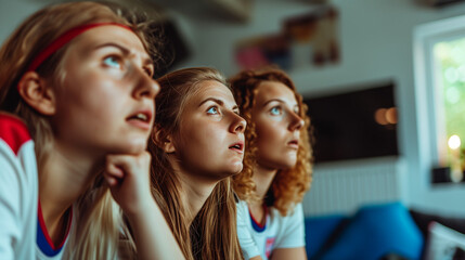 Close-up of Young English Women Soccer Supporters Watching European Tournament Match on TV,...