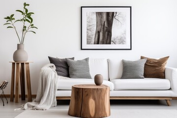 A Spacious Living Room With Various Furniture Pieces and a Tree. Scandinavian home interior design of modern living home.