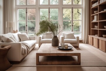 Spacious Living Room With Furniture and Large Window. Scandinavian home interior design of modern living home.