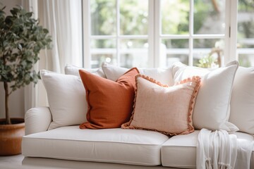 White Couch With Orange and White Pillows. Scandinavian home interior design of modern living home.