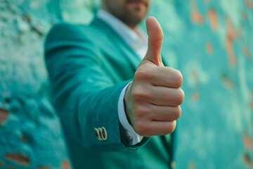 a businessman in a suit with thumbs up as he stands next to a turquoise wall, positive business achievement