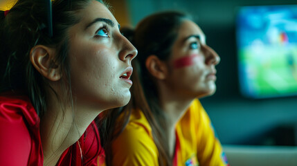 Excited Young Spanish Women Watching European Soccer Tournament on TV, Intense Anticipation and Support, Close-Up of Emotional Football Fans