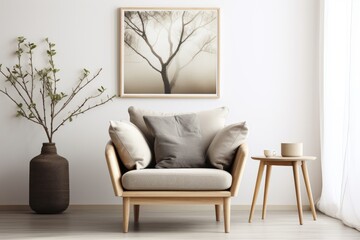 Living Room With Chair and Vase - Cozy, Modern Interior Design Décor Photograph. Scandinavian home interior design of modern living home.