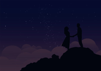 Silhouette of romantic couple holding their hands while standing on the hill. Couple in Love Having Romantic Date at starry night. Man and Woman Holding Hands vector illustration. Lovely Relationship