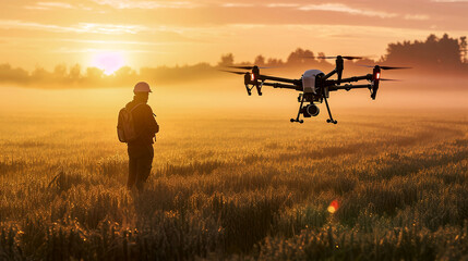 Fototapeta na wymiar Agricultural Drone Technology in Field at Sunrise Precision Farming