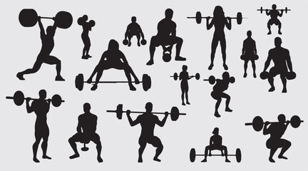 Powerlifting bodybuilding silhouette vector illustration set. collection of weight lifter, weight lifting on isolated background.  - obrazy, fototapety, plakaty