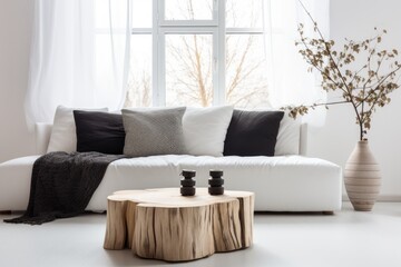 White Couch and Wooden Table in a Simple Living Room. Scandinavian home interior design of modern living home.