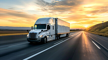 Semi Truck Driving on Open Highway at Sunrise Logistics Theme - obrazy, fototapety, plakaty