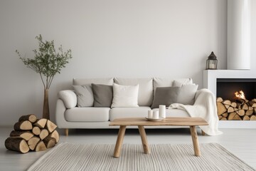 Fototapeta na wymiar Cozy Living Room With Fireplace and Full Set of Furniture. Scandinavian home interior design of modern living home.