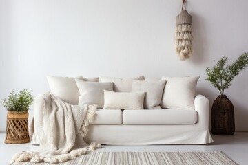 White Couch on White Rug, Simple and Elegant Furniture Arrangement.. Scandinavian home interior design of modern living home.