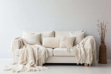 Fototapeta na wymiar Living Room With White Couch and Pillows, Clean, Minimalistic, and Elegant. Scandinavian home interior design of modern living home.
