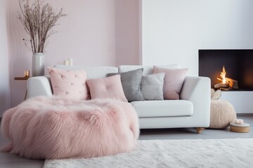 Fototapeta na wymiar Cozy Living Room With Furniture and Fireplace. Scandinavian home interior design of modern living home.