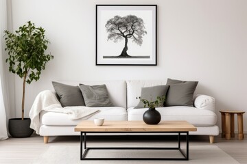 Living Room With White Couch and Coffee Table. Scandinavian home interior design of modern living home.