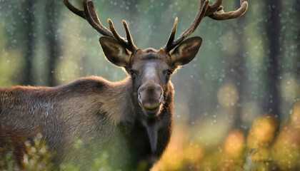 Close-up of a moose in natural habitat with soft sunlight highlighting its features.