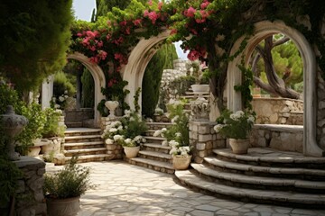Fototapeta na wymiar Idyllic Greek style garden pool. Blossom island. Generate Ai