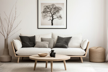 Modern Living Room With White Couch and Coffee Table. Scandinavian home interior design of modern living home.