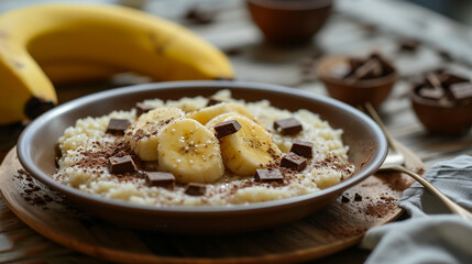Oatmeal with banana, almonds and honey. Healthy food. Vegetarian food.