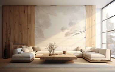 Spacious Living Room With a Striking Wall Painting. Scandinavian home interior design of modern living home.