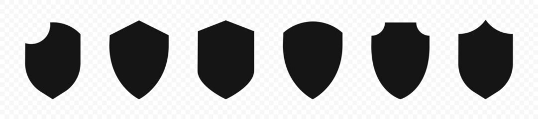 Shield vector icons. Flat black shield silhouetes. Protection shield set - obrazy, fototapety, plakaty