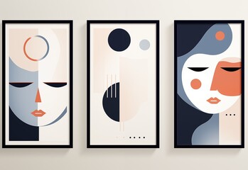 Geometric woman abstract face artwork, three picture frame collection set on wall, minimal style home wall hanging decor, mockup idea, Generative Ai