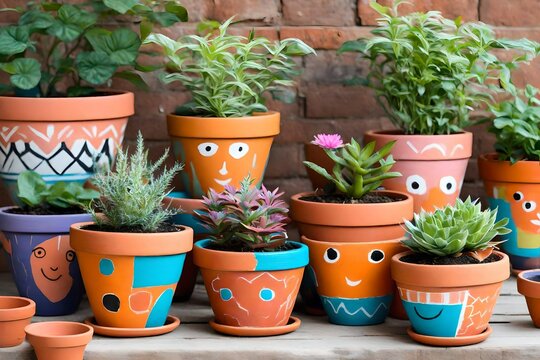 A DIY terracotta  painting activity, transforming plain pots into colorful planters with imaginative designs.