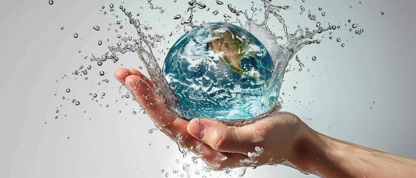 Hand hold water splash with earth. Water save concept