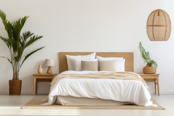 Bedroom With Bed and Corner Plant. Scandinavian home interior design of modern living home.