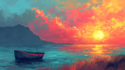 As the sun sets over the majestic mountains, a solitary boat glides through the calm waters of the lake, creating a breathtaking painting of outdoor beauty