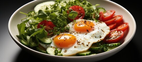 breakfast menu of fried eggs, topped with tomatoes and cucumbers, with a coffee photo background. Top view. Healthy diet breakfast