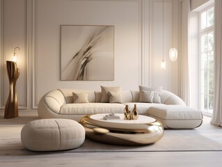 Spacious Living Room With Large White Couch. Scandinavian home interior design of modern living home.