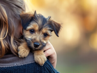 Tender Moment of a Child Holding a Puppy for a Family Pet Theme
