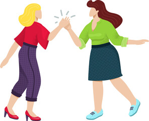 Two women in casual clothes giving high five. Friends or colleagues celebrate success. Happy female teamwork and friendship vector illustration.